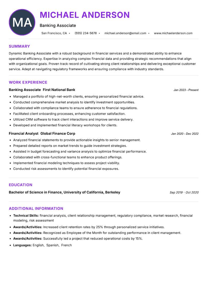 Banking Associate Resume Preview Example