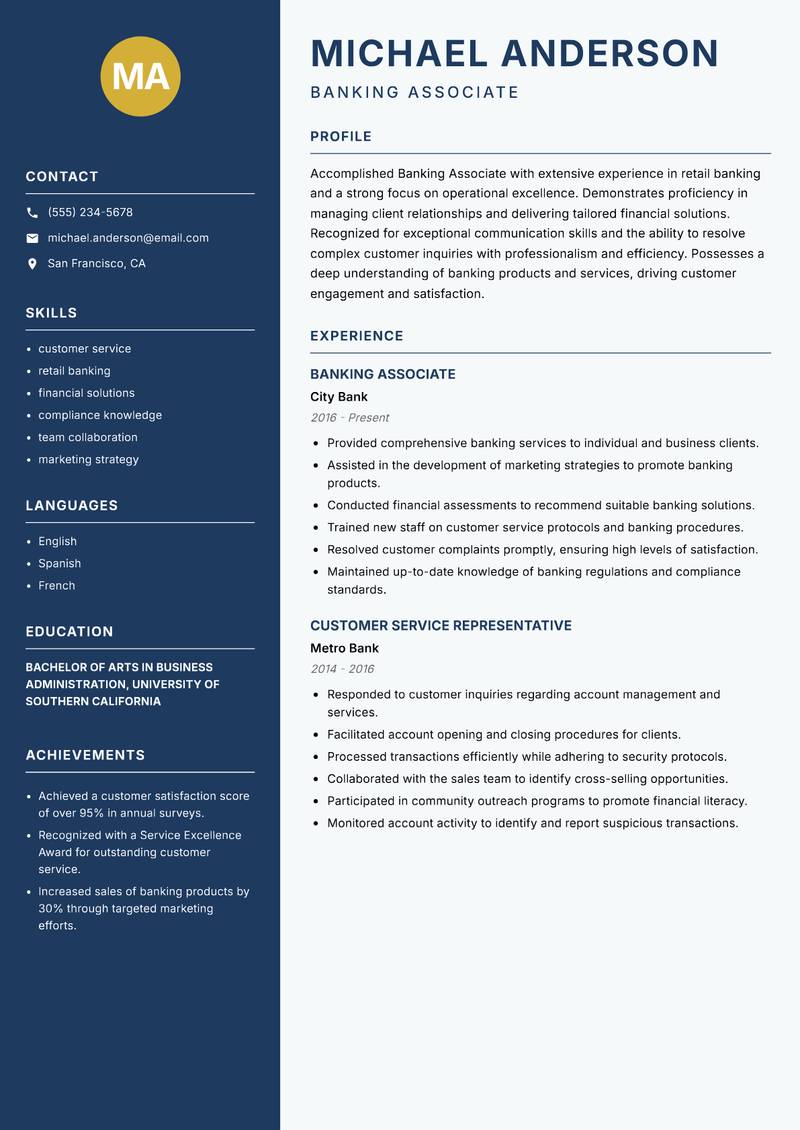 Banking Associate Resume Preview Example