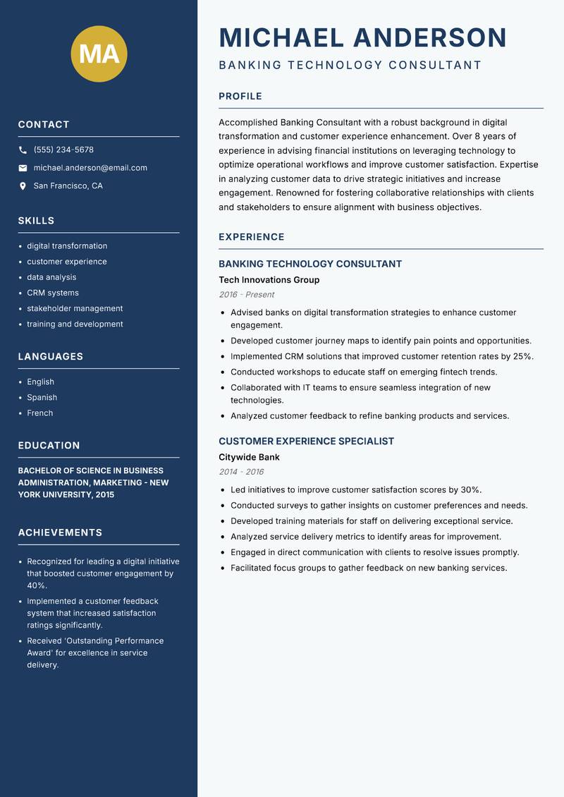 Banking Consultant Resume Preview Example