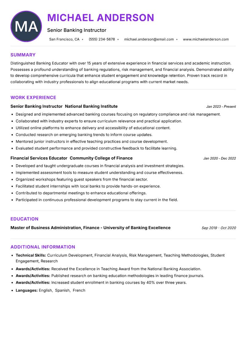 Banking Educator Resume Preview Example