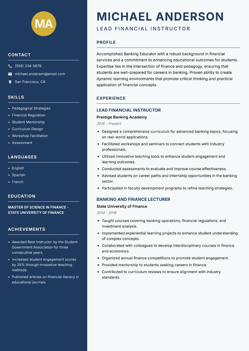 Banking Educator Resume Preview Example