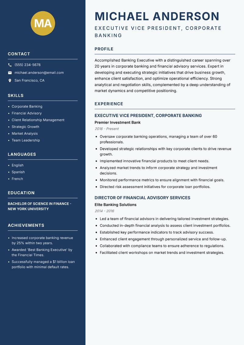 Banking Executive Resume Preview Example