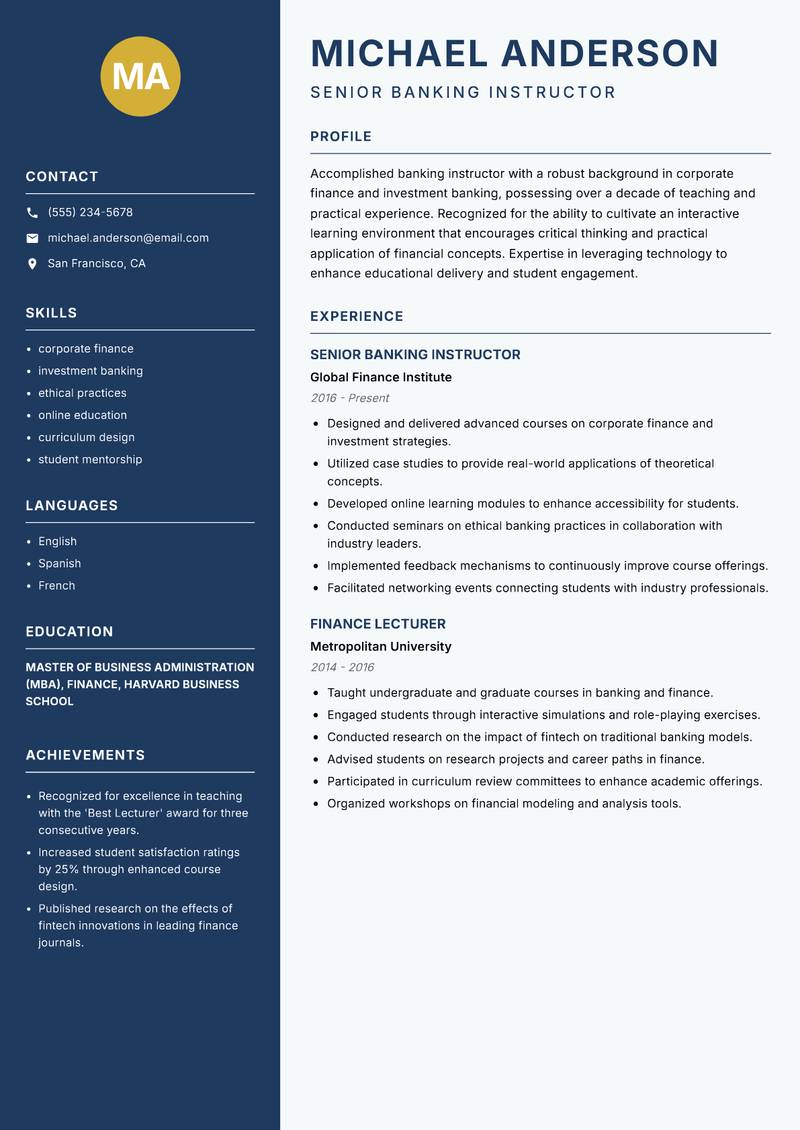Banking Instructor Resume Preview Example