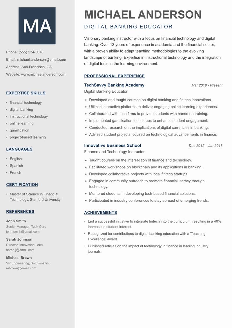 Banking Instructor Resume Preview Example