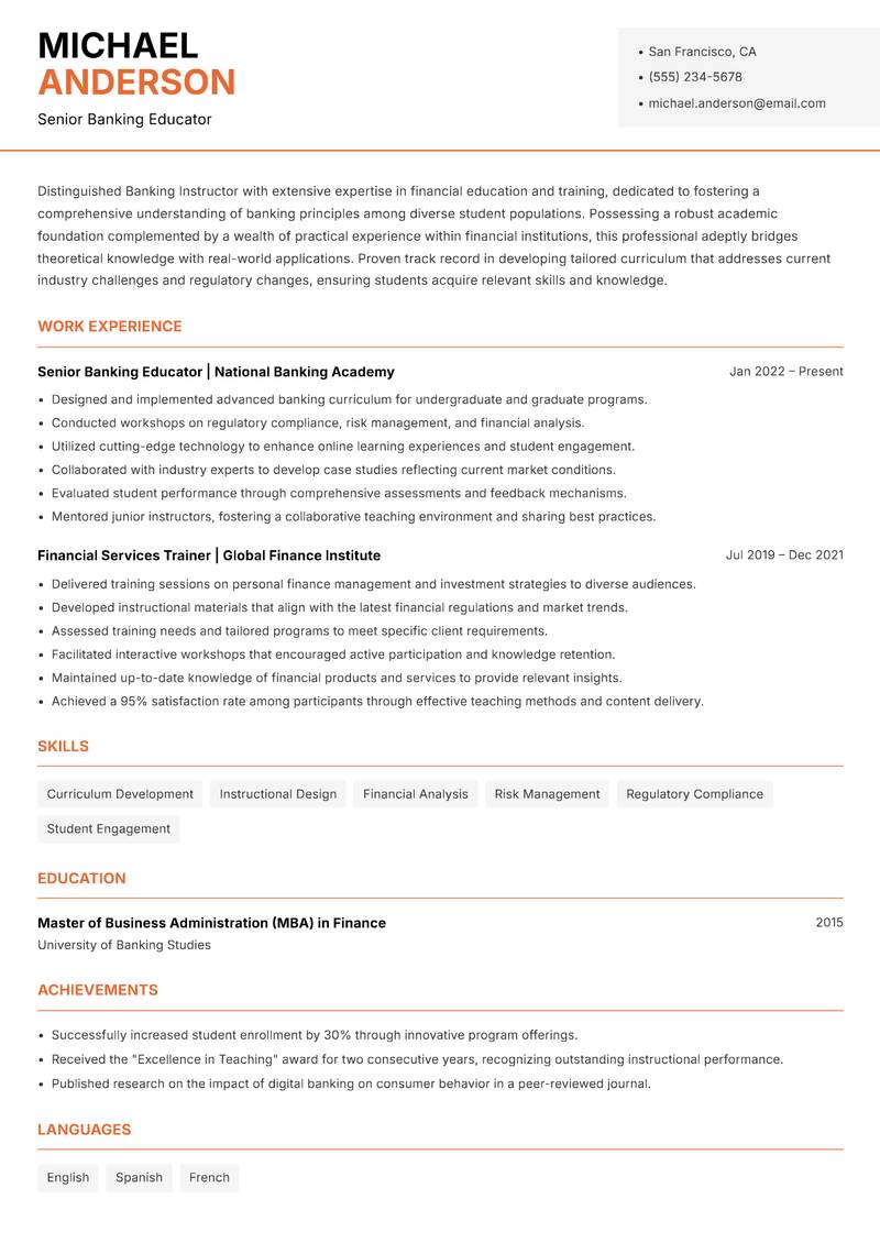 Banking Instructor Resume Template
