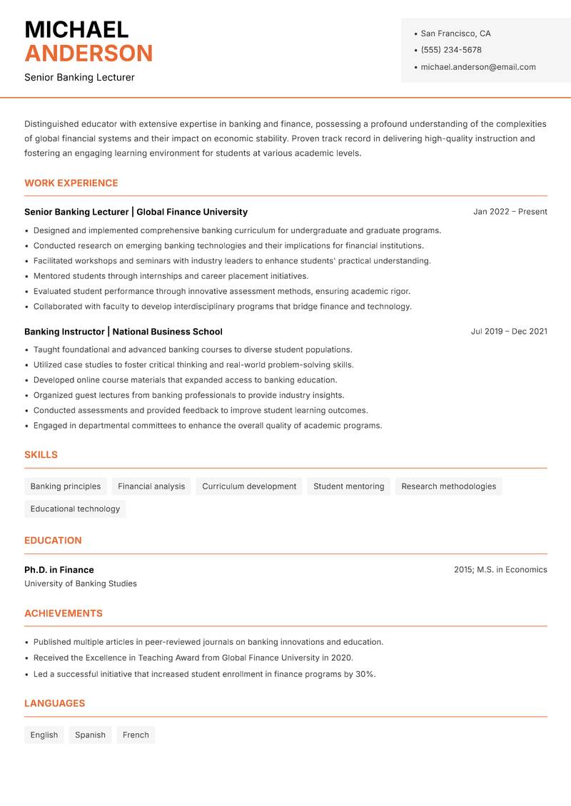 Banking Lecturer Resume Template