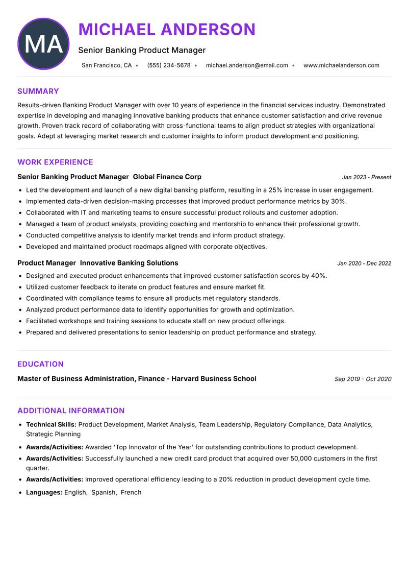 Banking Product Manager Resume Preview Example