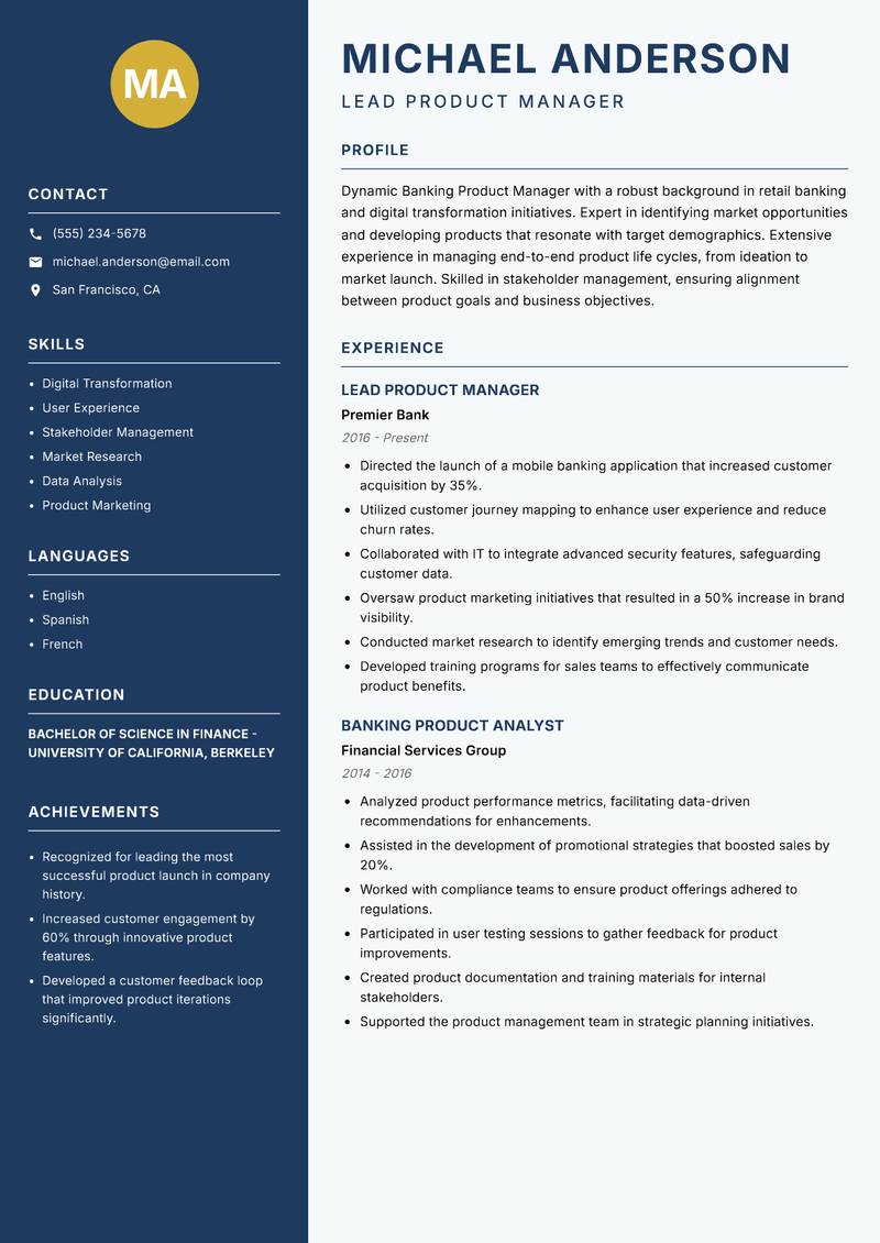 Banking Product Manager Resume Preview Example