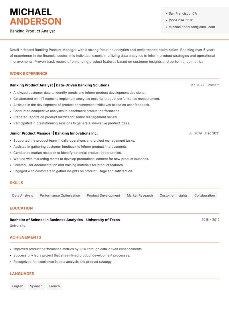 Banking Product Manager Resume Template