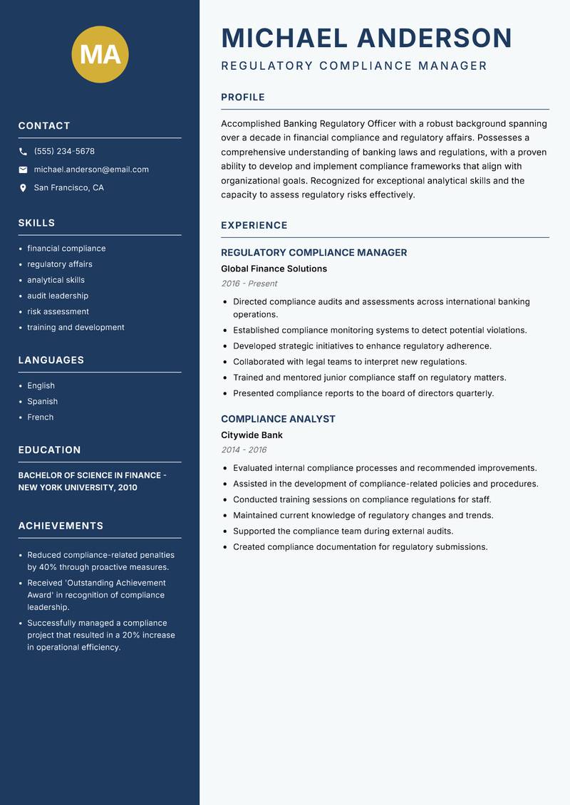Banking Regulatory Officer Resume Preview Example