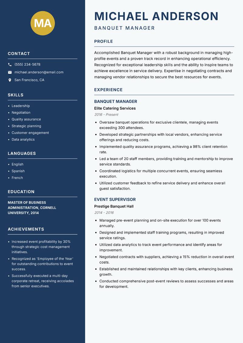 Banquet Manager Resume Preview Example