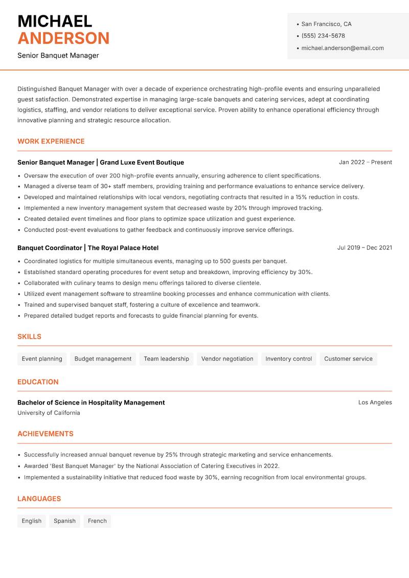 Banquet Manager Resume Template