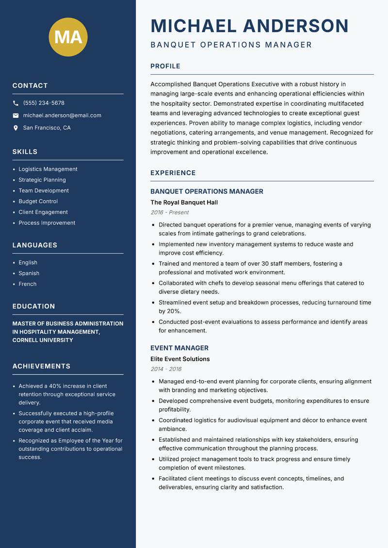 Banquet Operations Executive Resume Preview Example