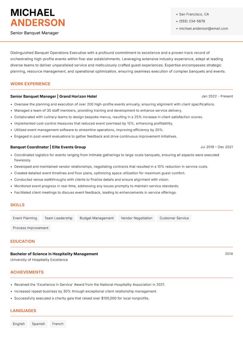 Banquet Operations Executive Resume Template