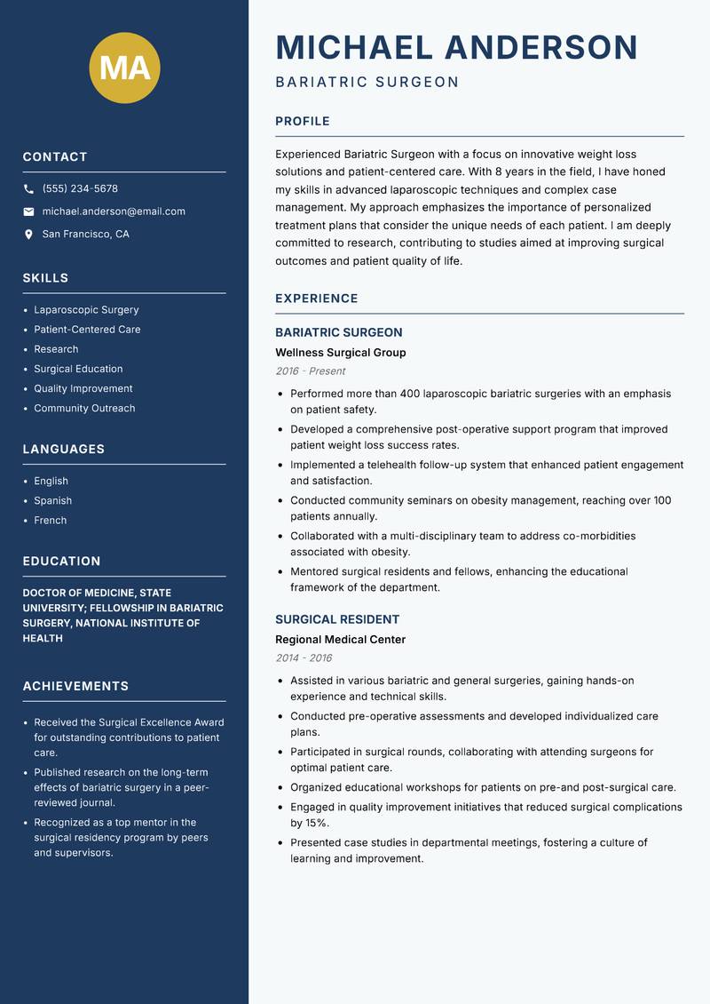 Bariatric Surgeon Resume Preview Example