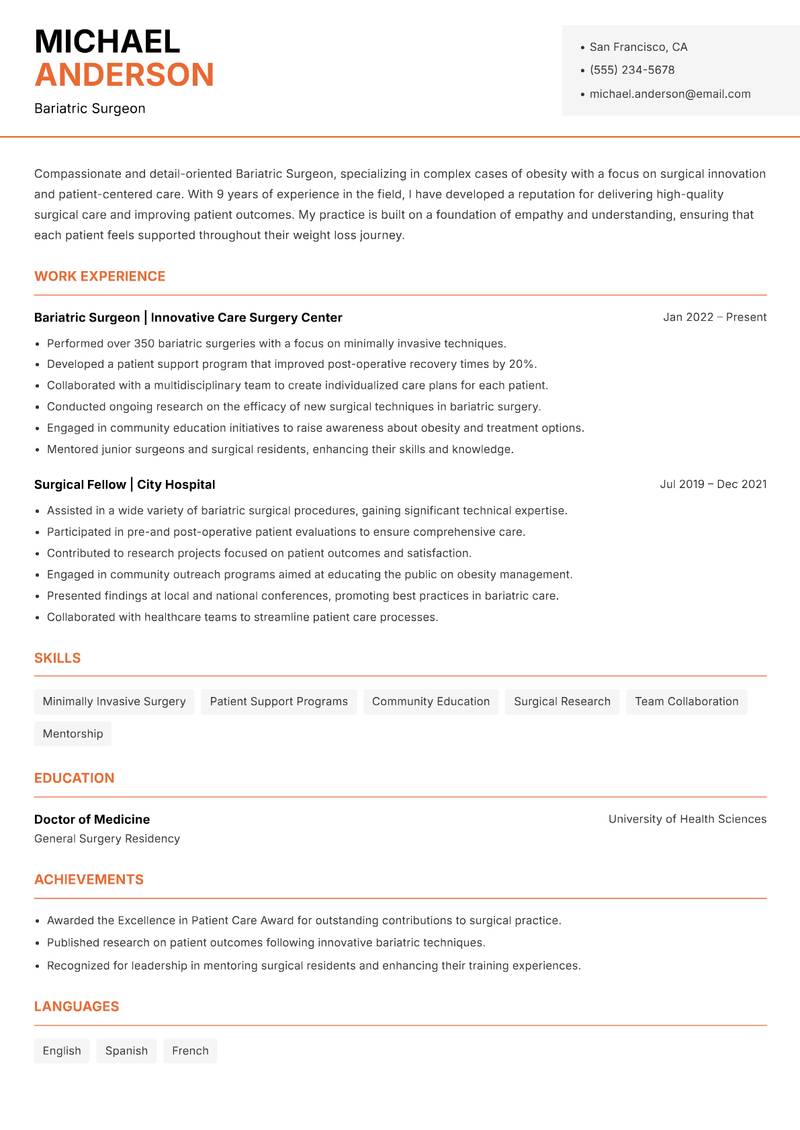 Bariatric Surgeon Resume Template