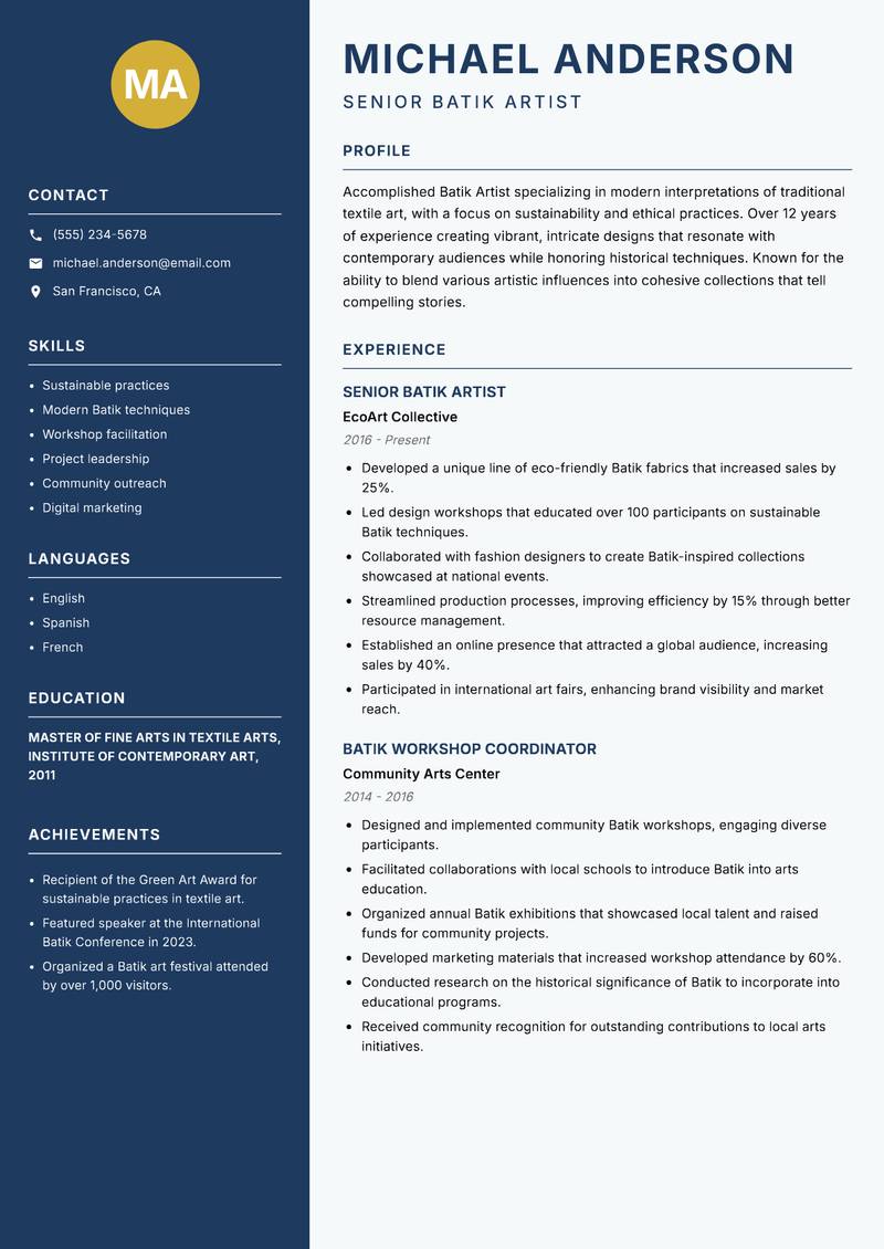 Batik Artist Resume Preview Example