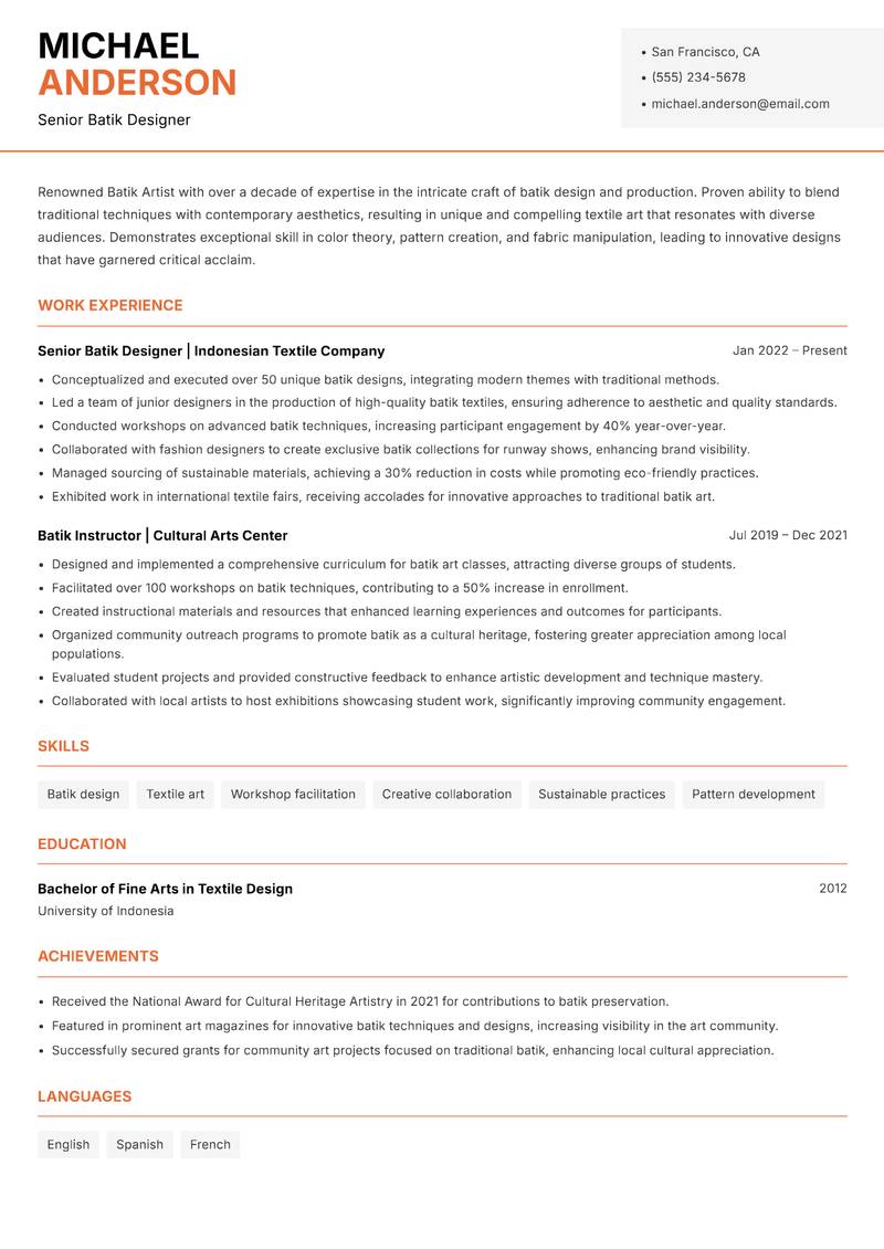 Batik Artist Resume Template