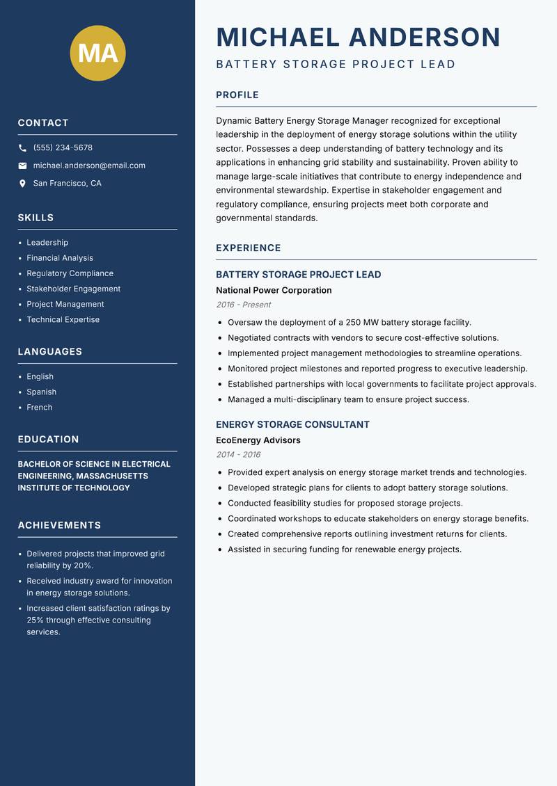 Battery Energy Storage Manager Resume Preview Example