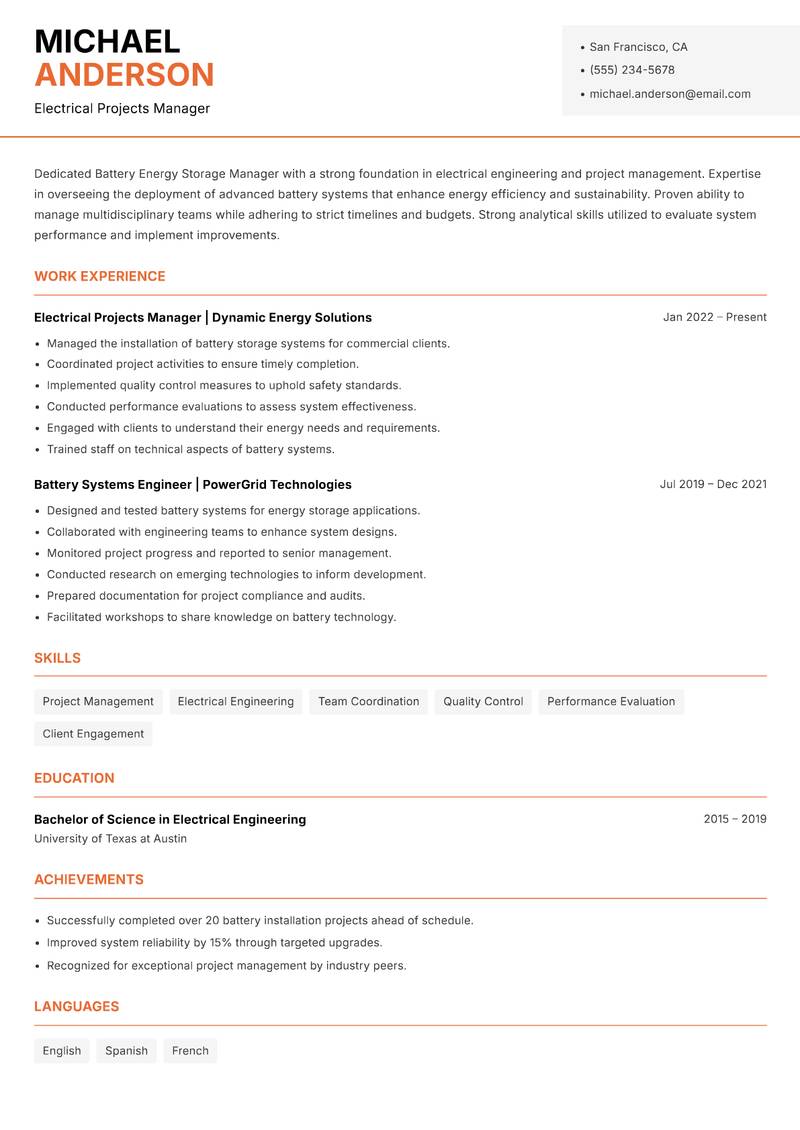 Battery Energy Storage Manager Resume Template