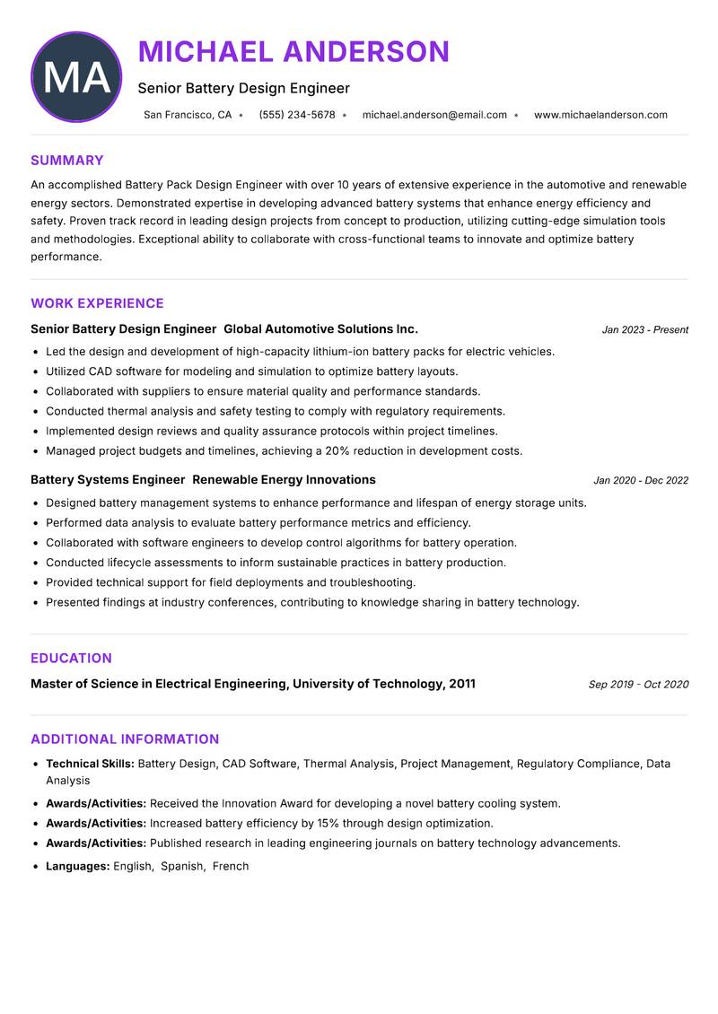 Battery Pack Design Engineer Resume Preview Example