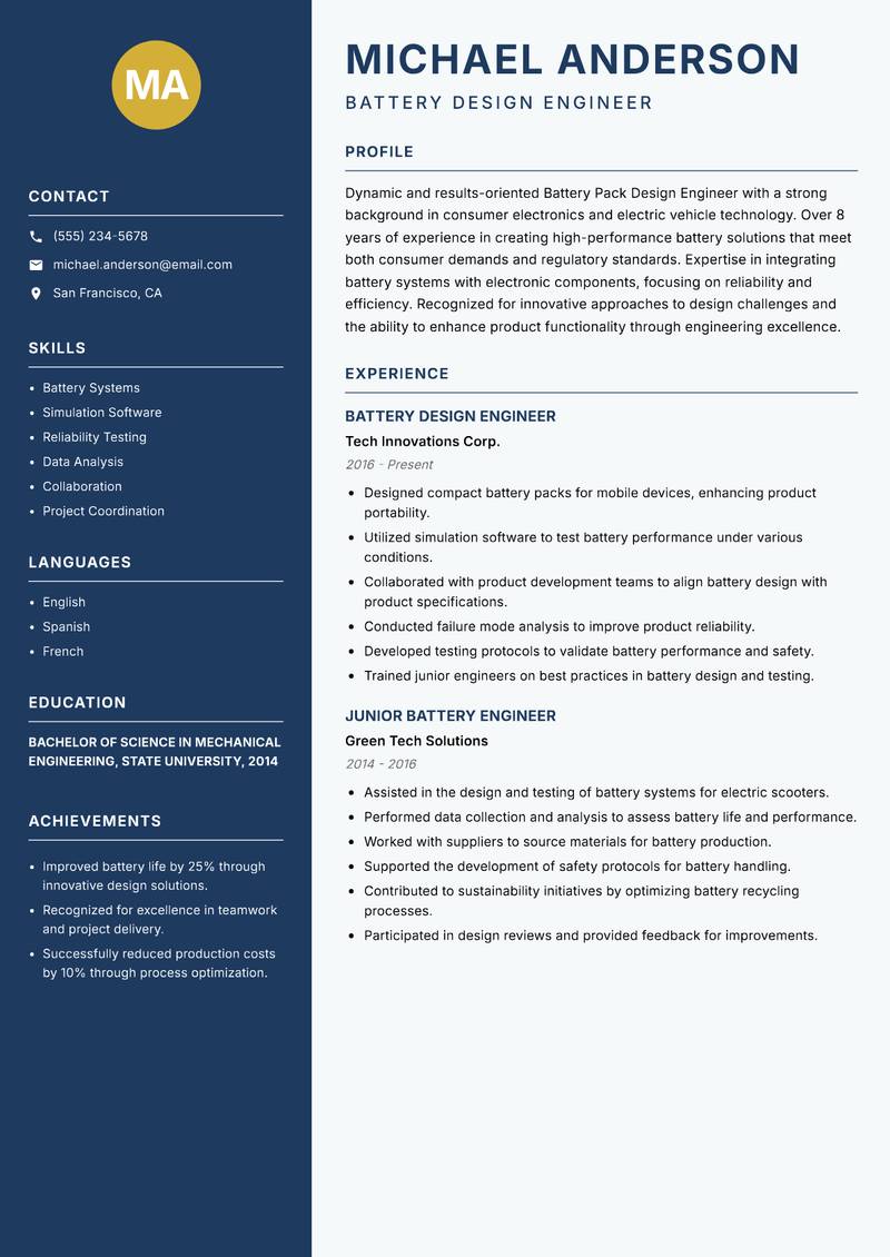 Battery Pack Design Engineer Resume Preview Example