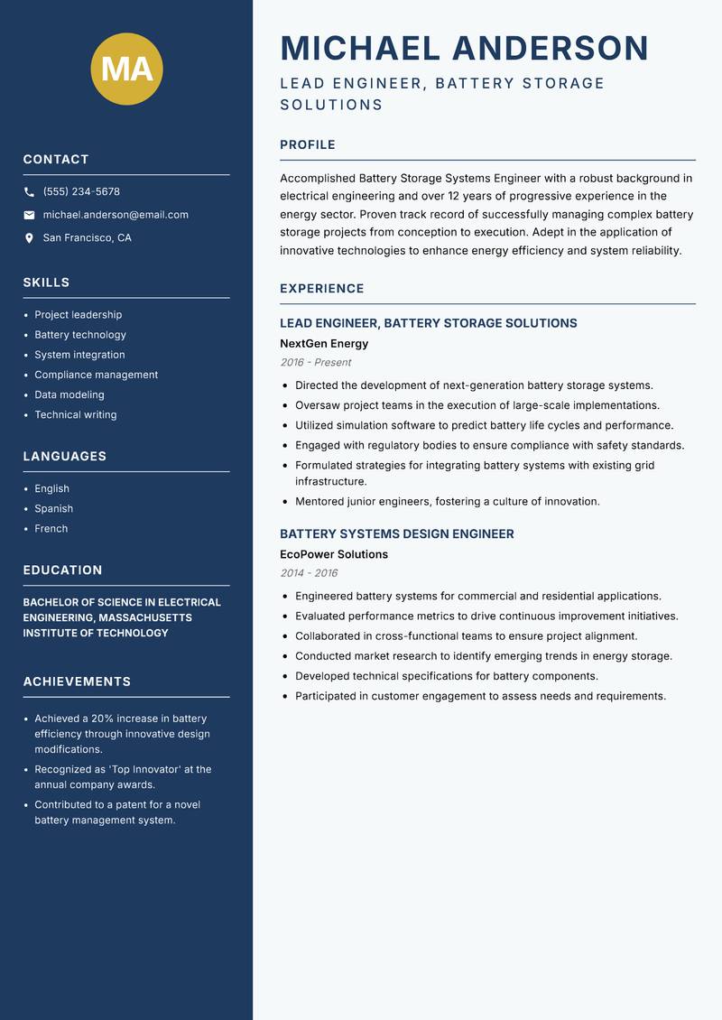 Battery Storage Systems Engineer Resume Preview Example