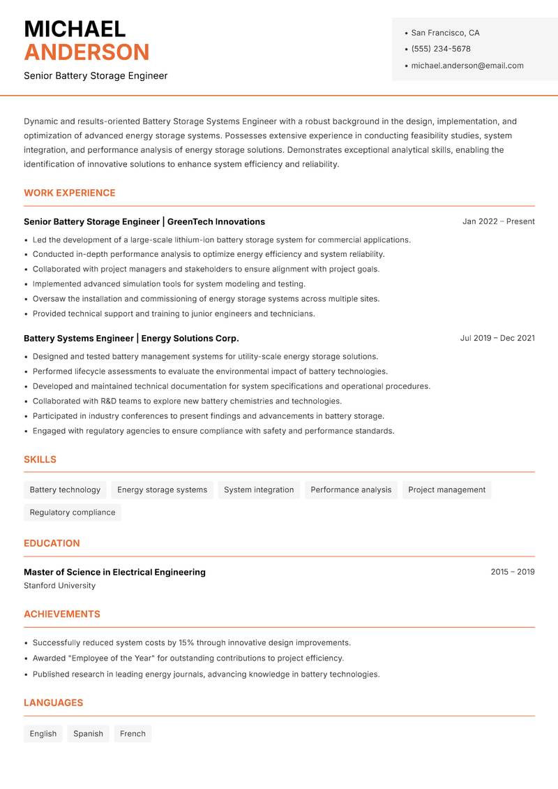 Battery Storage Systems Engineer Resume Template