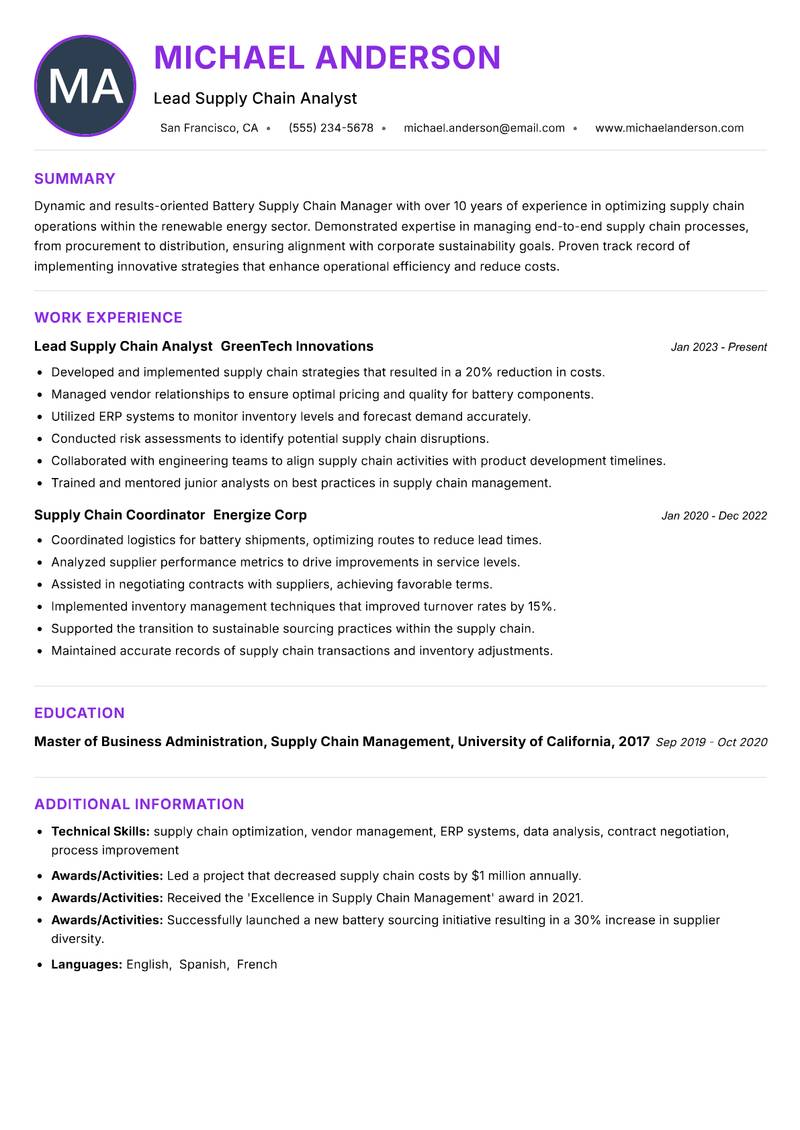 Battery Supply Chain Manager Resume Preview Example