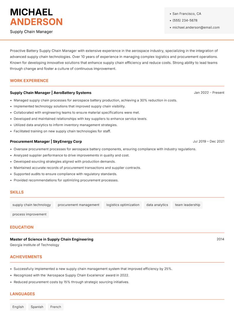 Battery Supply Chain Manager Resume Template