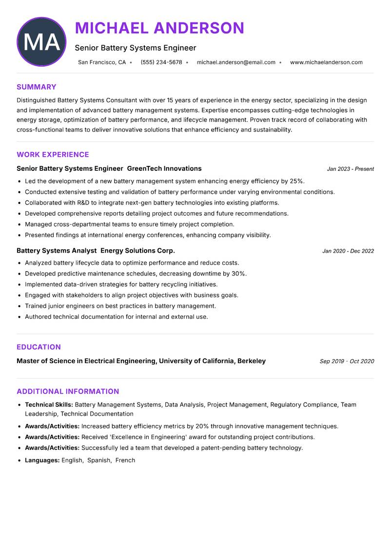 Battery Systems Consultant Resume Preview Example
