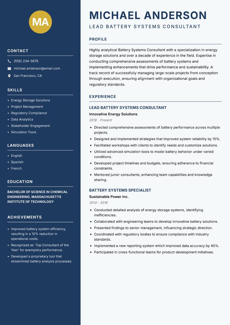 Battery Systems Consultant Resume Preview Example