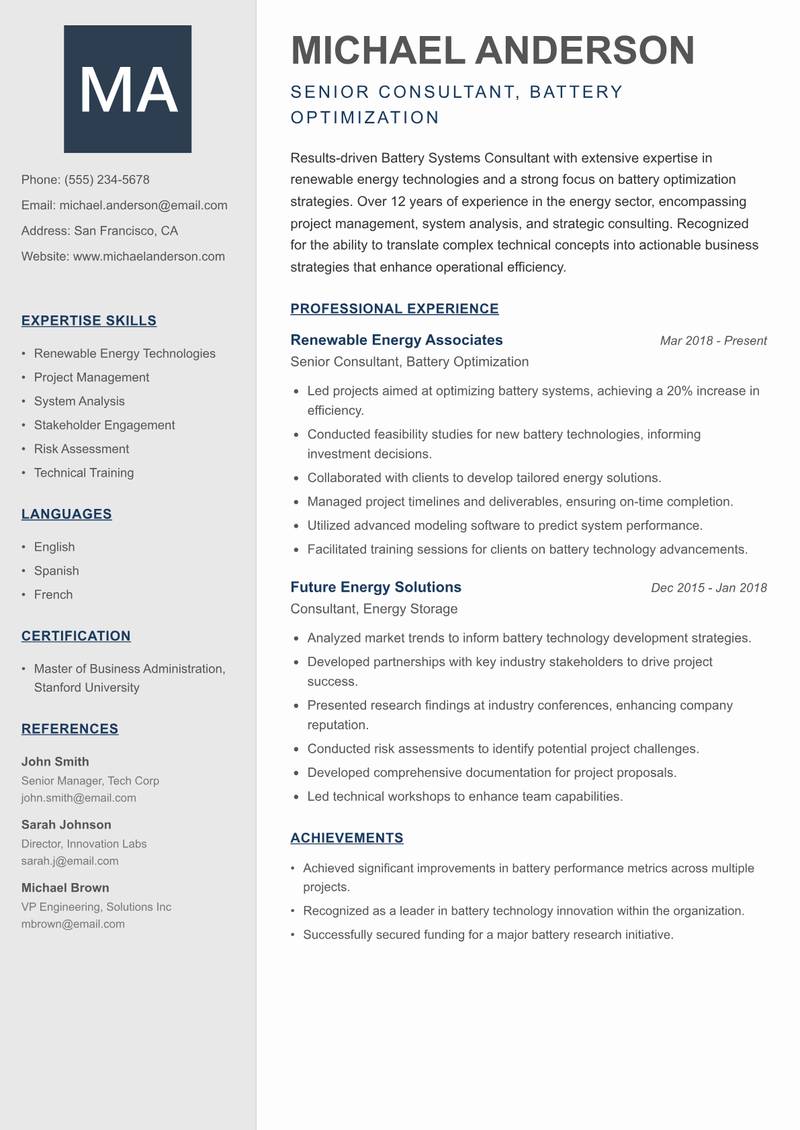 Battery Systems Consultant Resume Preview Example