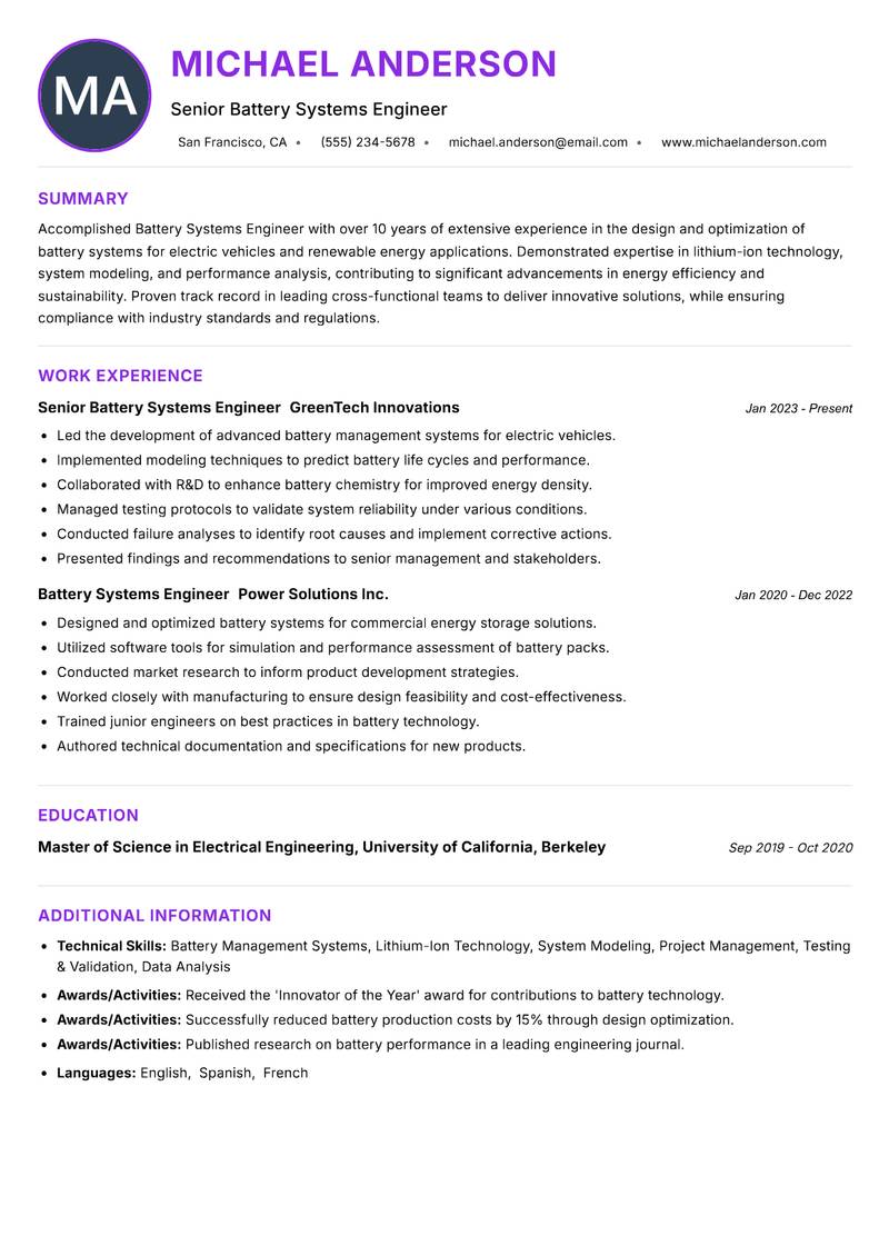 Battery Systems Engineer Resume Preview Example