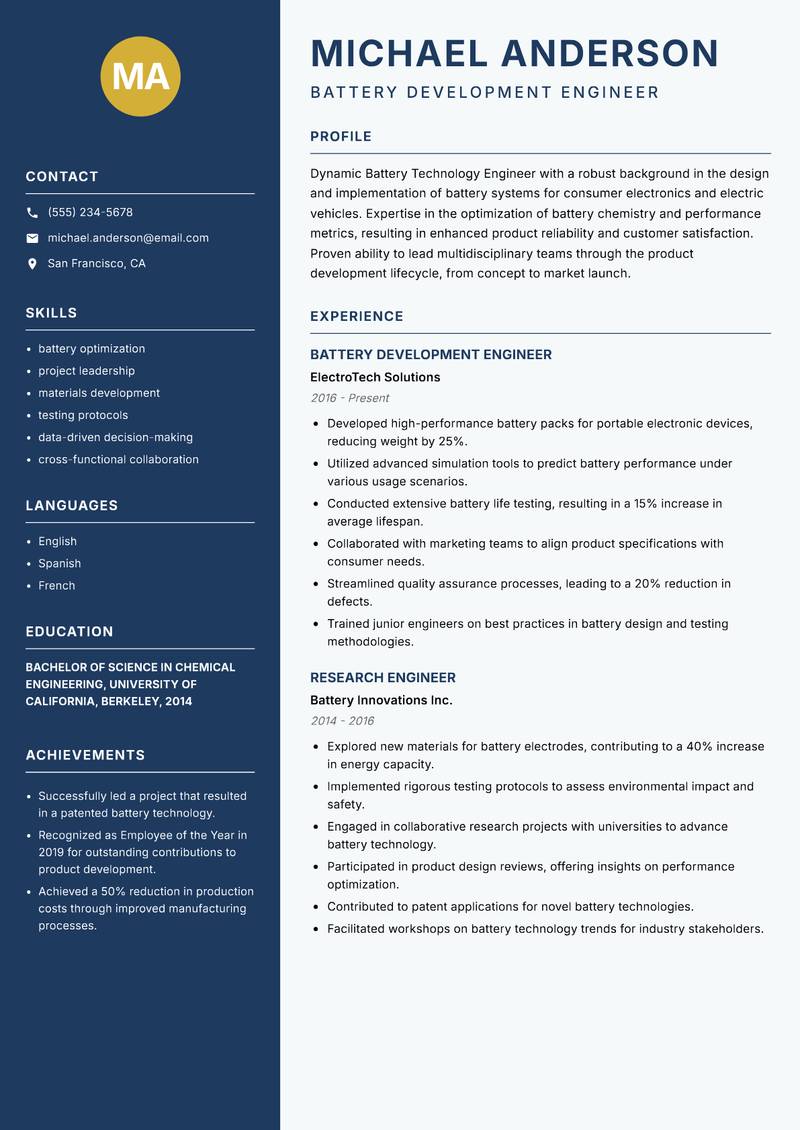 Battery Technology Engineer Resume Preview Example