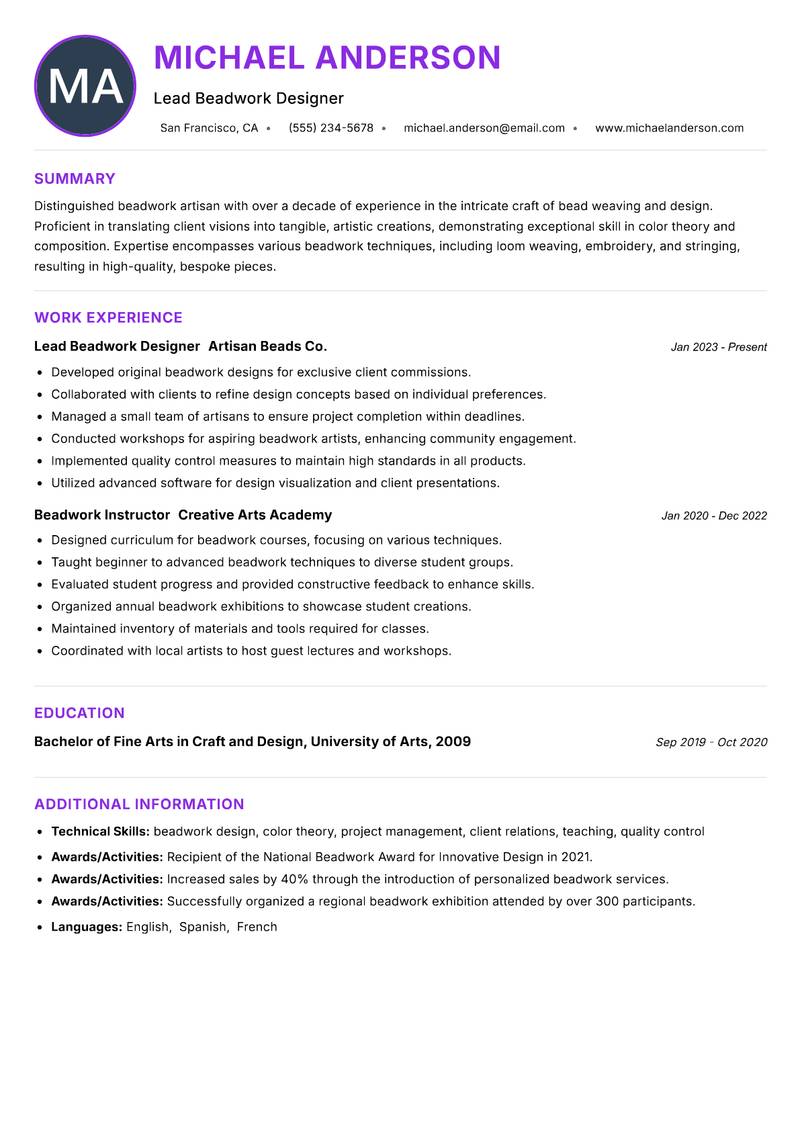 Beadwork Artisan Resume Preview Example