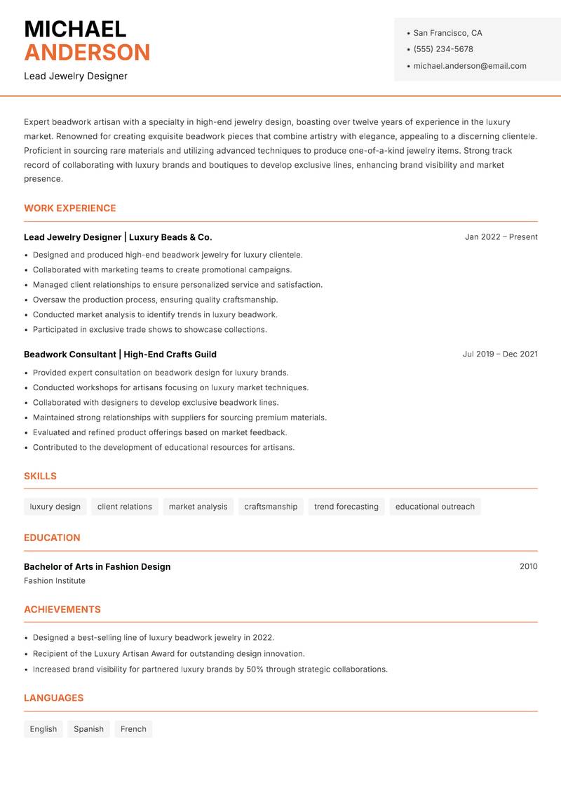 Beadwork Artisan Resume Template