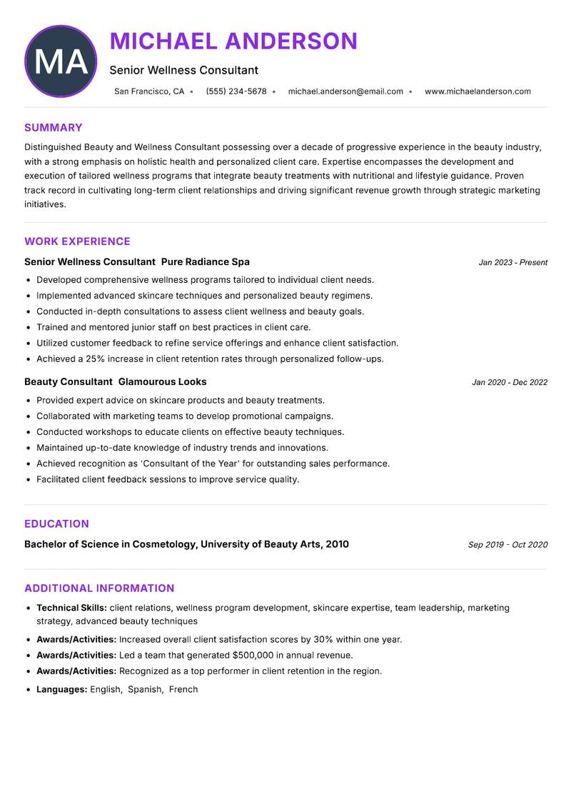 Beauty and Wellness Consultant Resume Preview Example