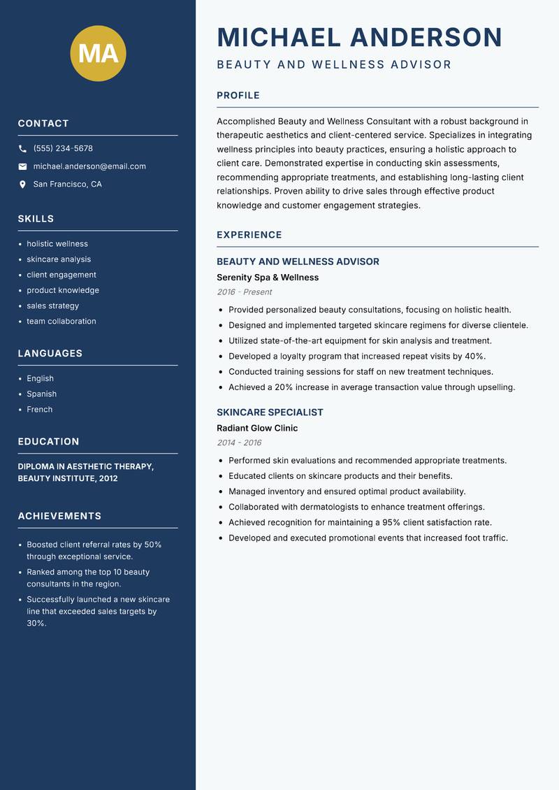Beauty and Wellness Consultant Resume Preview Example
