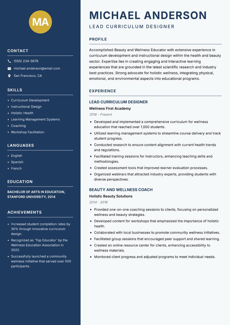 Beauty and Wellness Educator Resume Preview Example