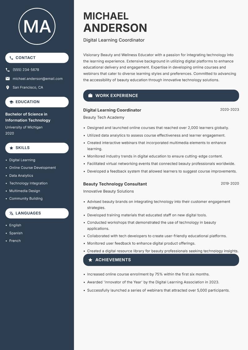 Beauty and Wellness Educator Resume Preview Example