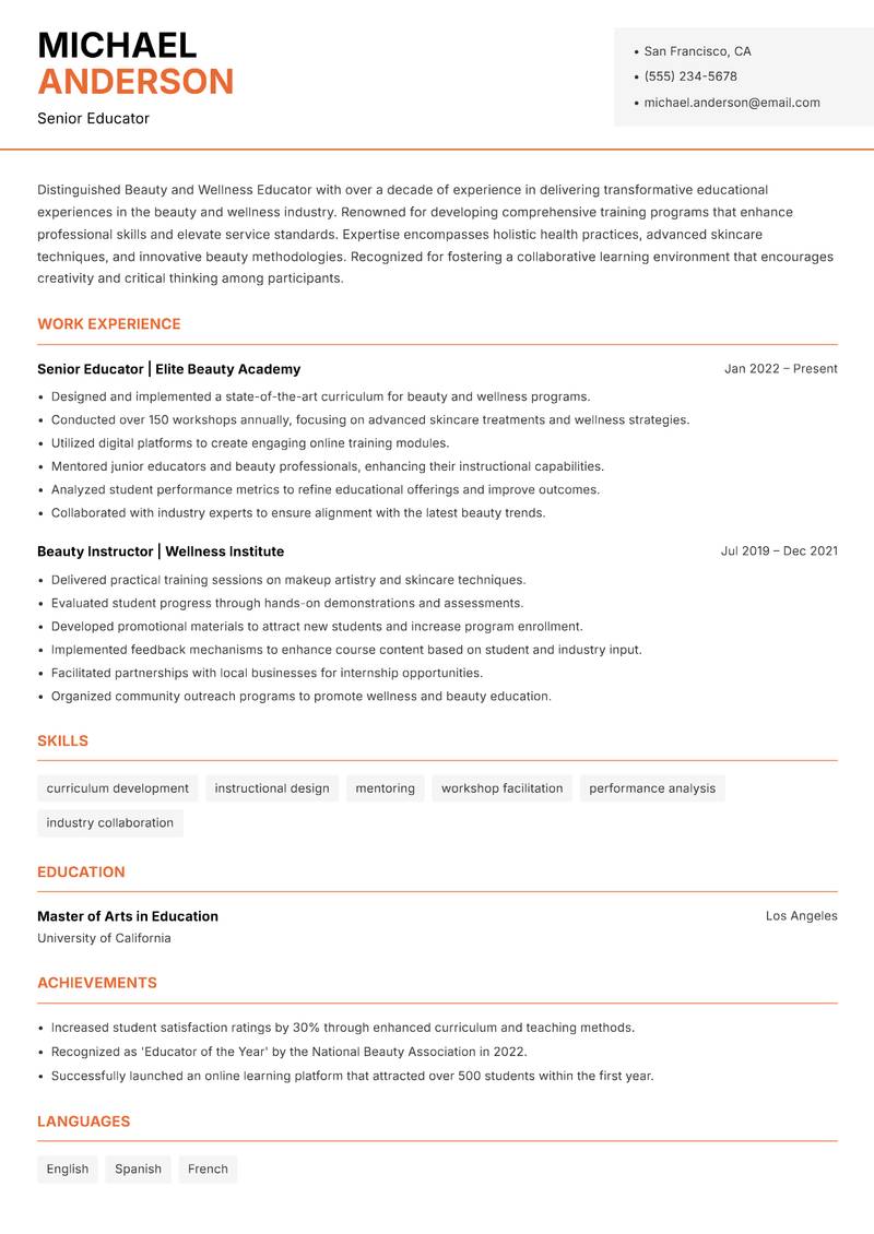 Beauty and Wellness Educator Resume Template