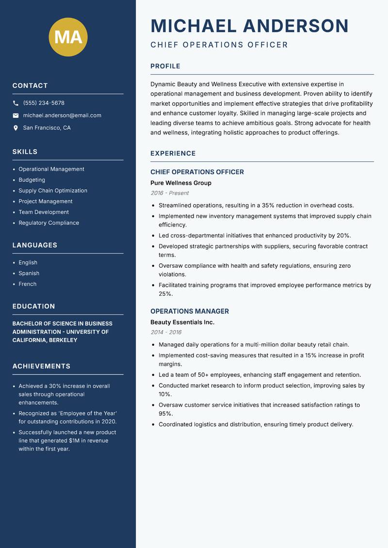 Beauty and Wellness Executive Resume Preview Example