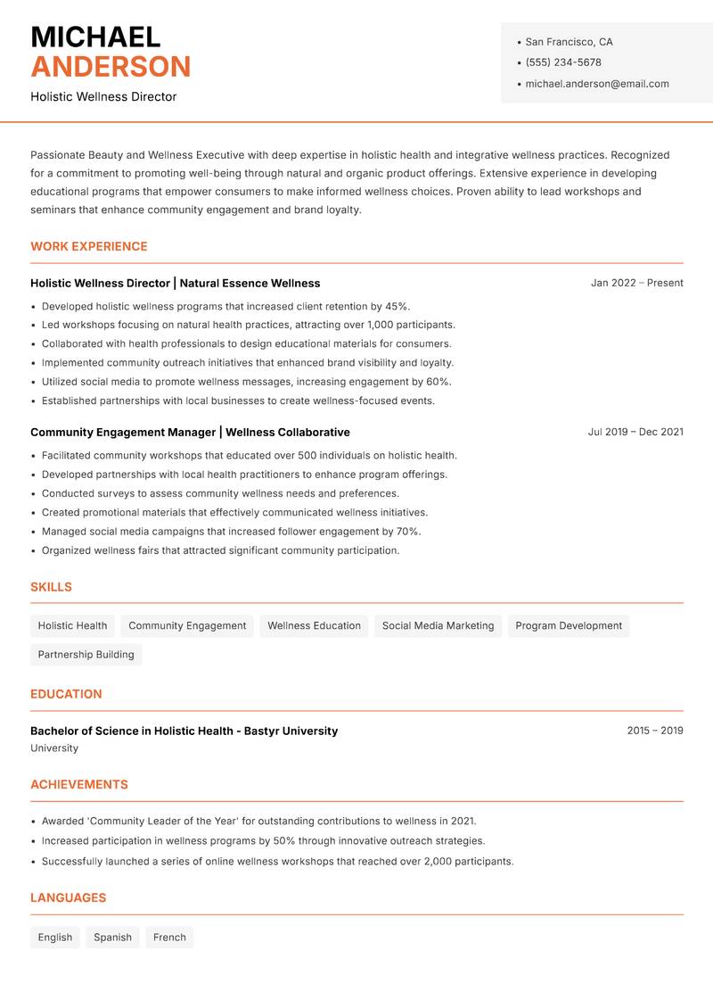 Beauty and Wellness Executive Resume Template