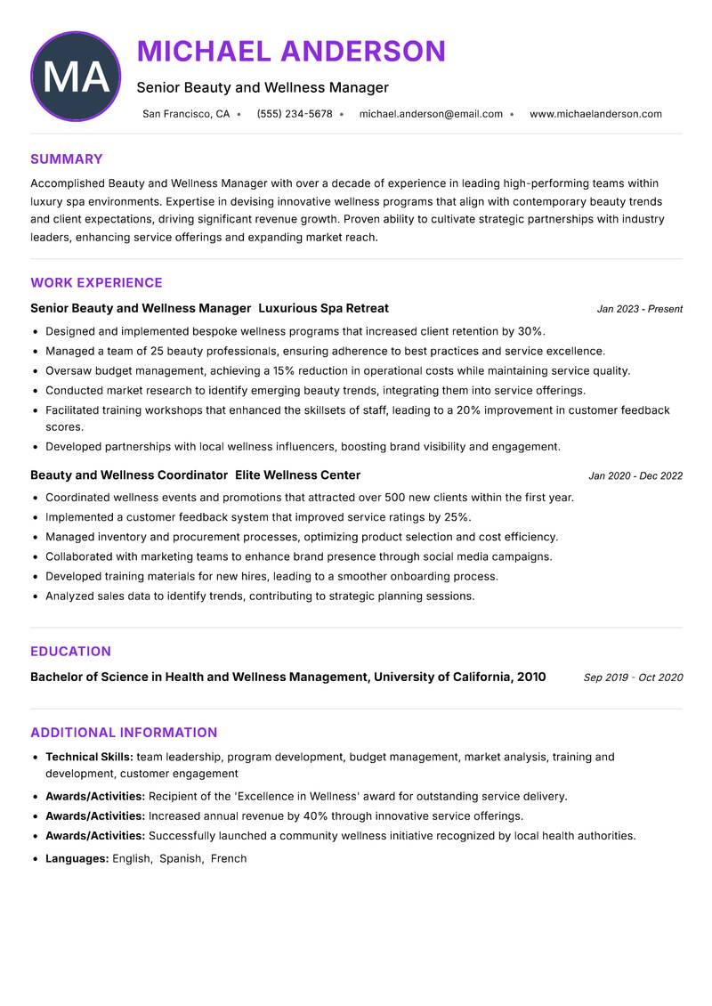 Beauty and Wellness Manager Resume Preview Example