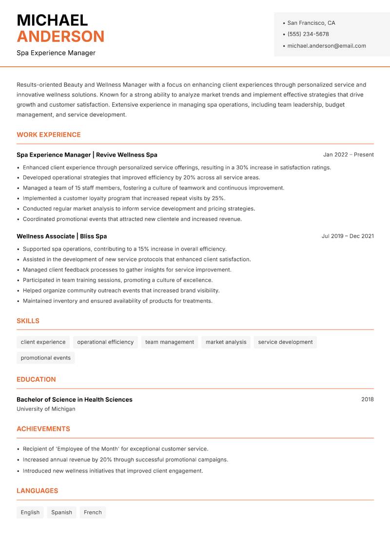 Beauty and Wellness Manager Resume Template