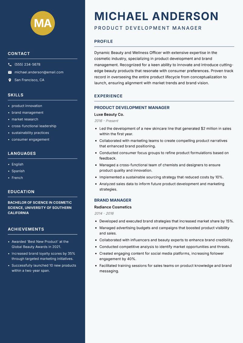 Beauty and Wellness Officer Resume Preview Example
