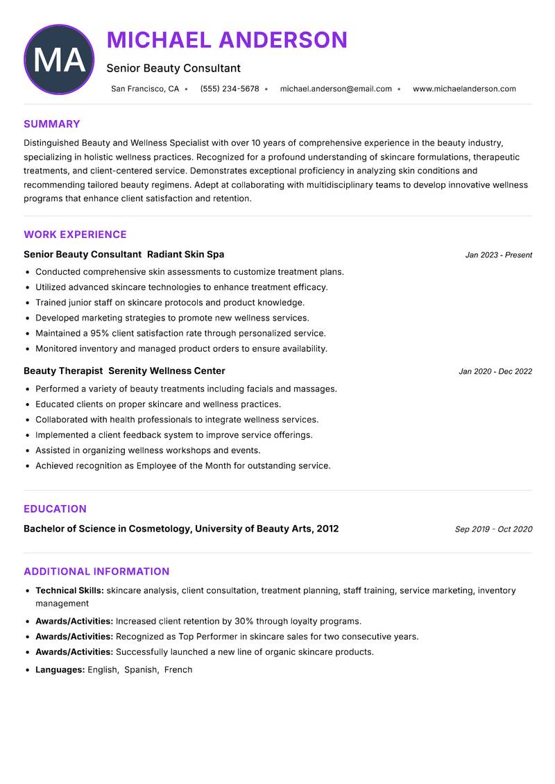 Beauty and Wellness Specialist Resume Preview Example