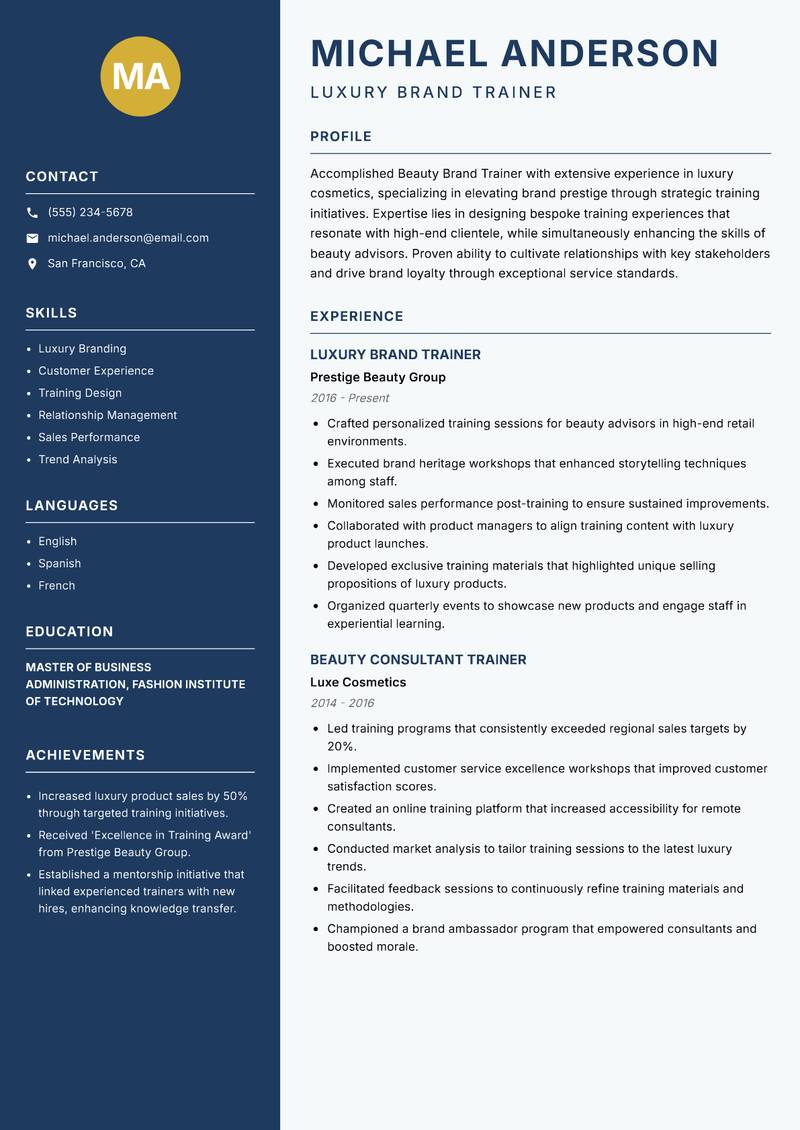 Beauty Brand Trainer Resume Preview Example