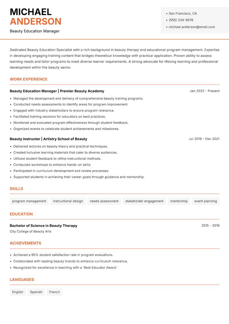 Beauty Education Specialist Resume Template